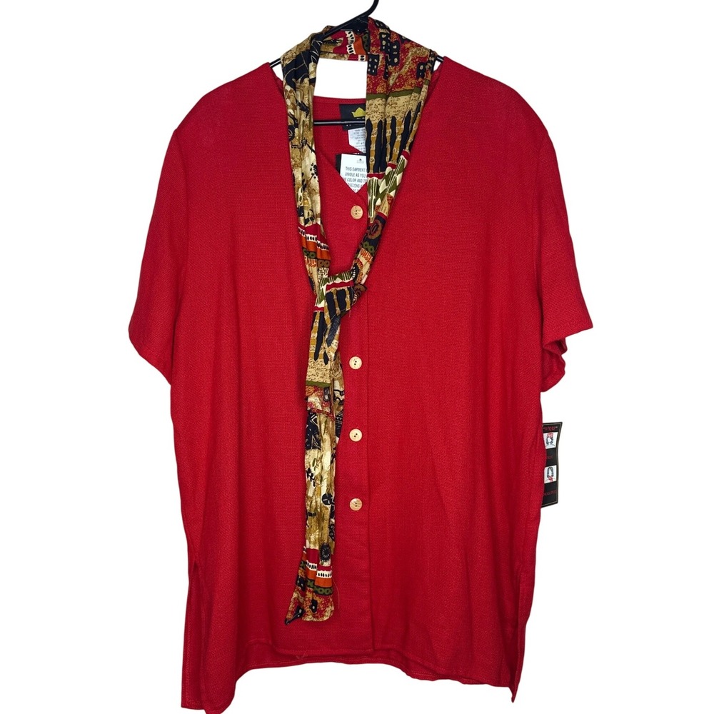 Karibo VTG NWT Red Ethnic V Neck Shirt XL, Button‎ Front Women's Top with Scarf